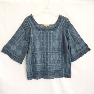 Democracy Mineral Wash Blue Top Size Small Kimono Sleeves Cotton